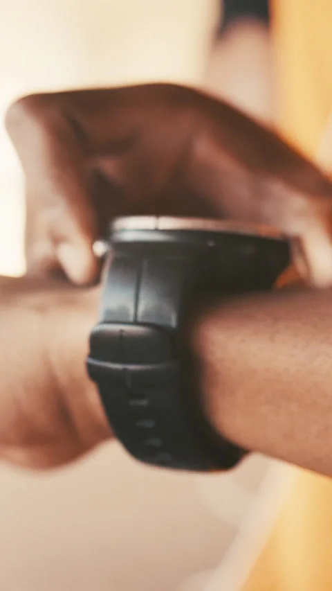 Hands, smart watch and scroll for fitness in city with timer, route or digital Stock Footage 329752228