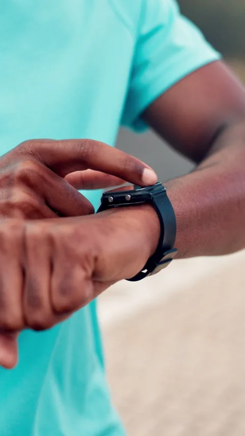 Hands, smart watch and timer for exercise in nature, click and check map for Stock Footage 330518193