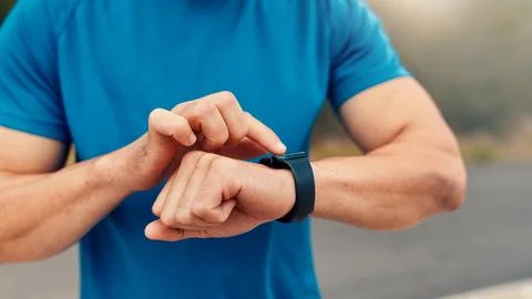 Hands, smart watch and timer for runner in nature, click and check map for Stock Photos