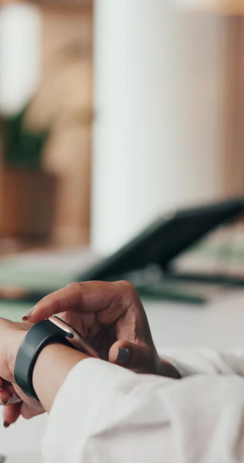 Hands, smart watch or business woman in workplace with time management, finance Stock Footage 331124293