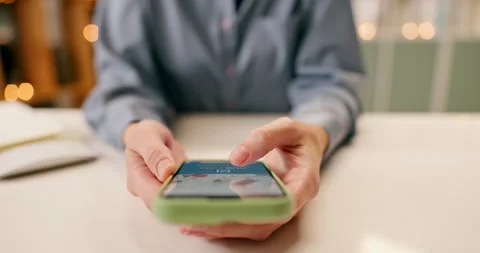 Hands, smartphone and scroll for social media app with online ads, reading Stock Footage 274188673