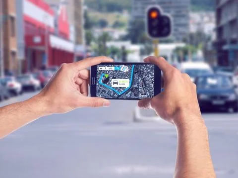 Hands, smartphone screen and map direction data for city, urban or road travel Stock Photos