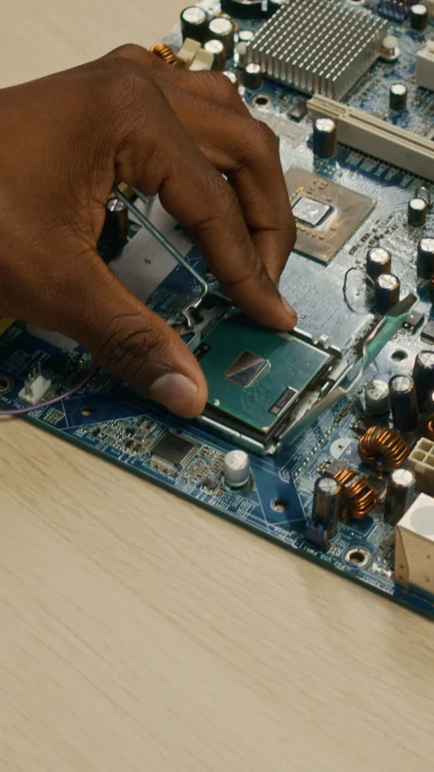 Hands of Specialist Fixing Components of Computer Hardware, Vertical Stock Footage 300074444