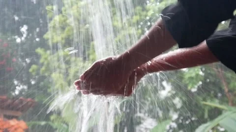 Hands with splashes of falling rain Stock Footage 302384751
