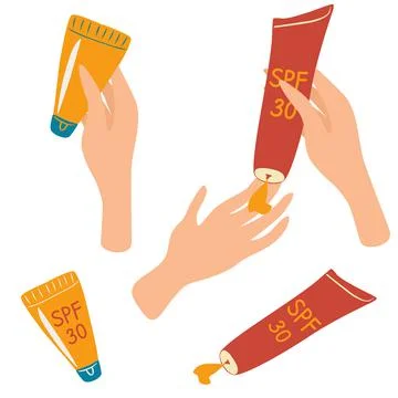 Hands squeeze sunscreen lotion. Bottle with sunscreen. Skin care concept. Sum Stock Illustration