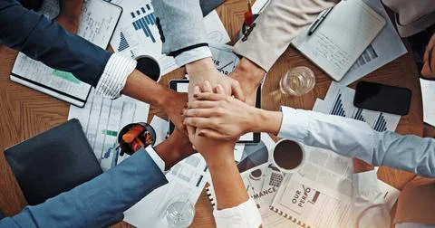 Hands, stack and above at meeting with documents, finance, support and team work Stock Photos