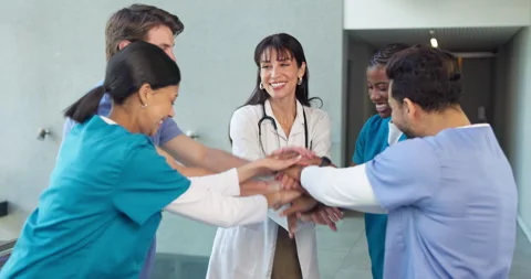 Hands, stack and doctor with students in hospital for achievement, collaboration Stock Footage 347898517
