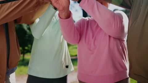 Hands, stack and people in nature for fitness together, unity or support with Stock Footage 347266775