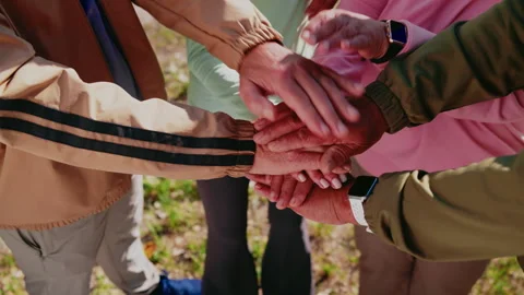 Hands, stack and people outdoor for fitness together, unity or support with Stock Footage 347179841