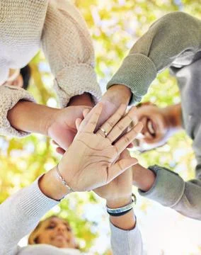 Hands stack, support with trust and team building outdoor, commitment and Stock Photos