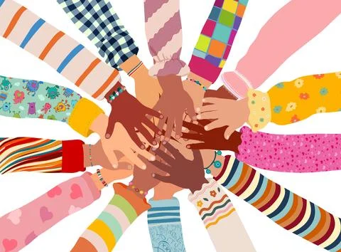 Hands stacked in a circle of children. Diversity Equality school inclusion Stock Illustration