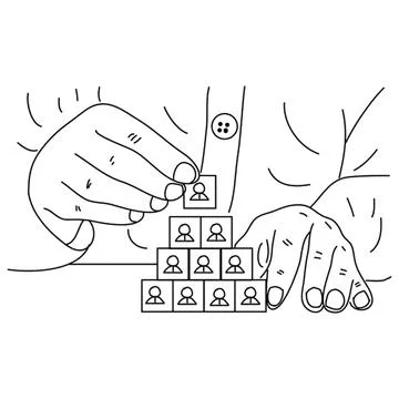 Hands stacking blocks with profile icons in a game setting Stock Illustration