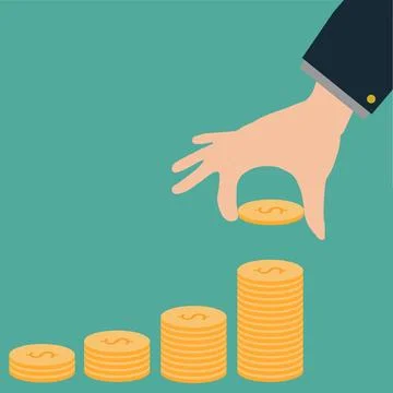 Hands stacking coins. Human hand putting coin to stack of coins on green Stock Illustration