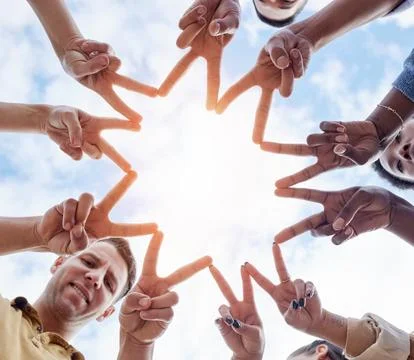 Hands, star and low angle circle for business people with icon for motivation Stock Photos