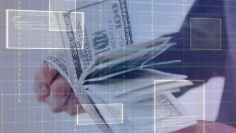 Hands starting holding neat stack then fanning and counting $100 bills with HUD Stock Footage 335651994