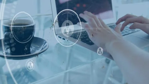 Hands starting light typing and causing HUD circles expanding over laptop Stock Footage 329870506