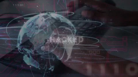 Hands starting typing, activating translucent globe rotating and pulsing HACKED Stock Footage 333704906