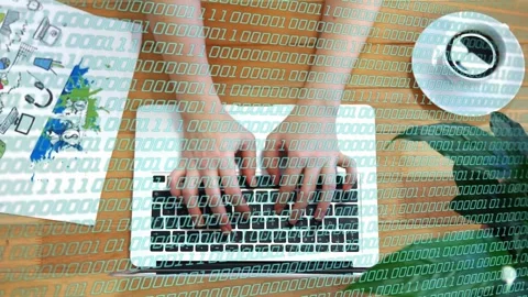 Hands starting typing, fingers tapping laptop top-down view while binary overlay Stock Footage 334768631