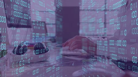 Hands starting typing on keyboard, using white mouse while binary overlay Stock Footage 335466182
