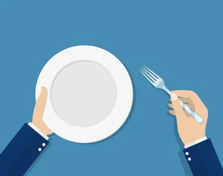 Hands with steel fork and empty plate. Illustrazione stock