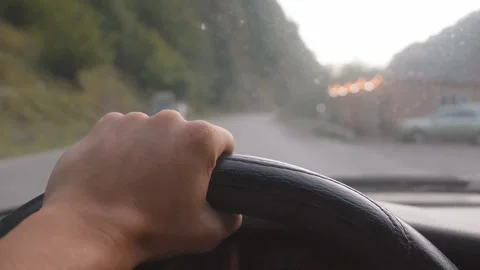 Hands steering through serene mountain road drive Stock Footage 301401834