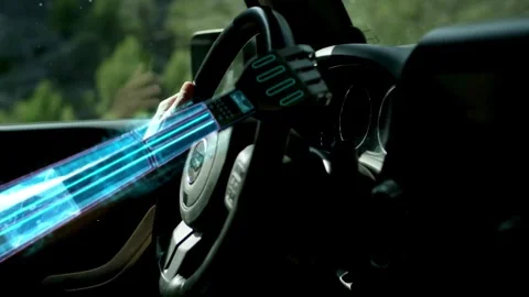 Hands on steering wheel. Man with Robot arm on a steering wheel while driving. Stock-Footage 336265958