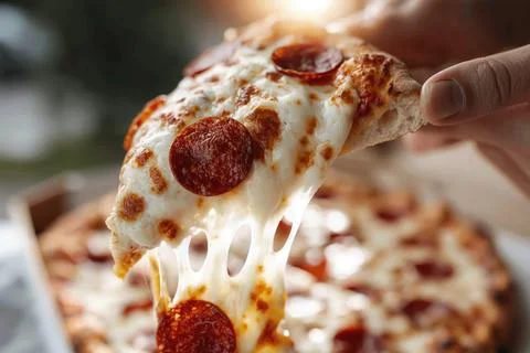 Hands stretch cheese from a slice of pepperoni pizza at a casual eatery 스톡 사진