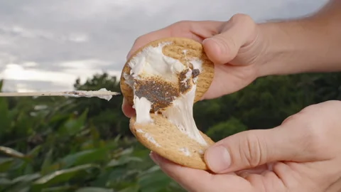 Hands Stretching Gooey Marshmallow Between Two Biscuits in Outdoor Setting, slow Stock Footage 317736866