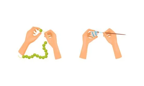 Hands Stringing Beads on Thread and Decorating Easter Egg as Handmade Craft 스톡 일러스트