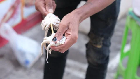 Hands stringing small raw octopuses on a skewer for cooking. Street food. 動画素材 252165351