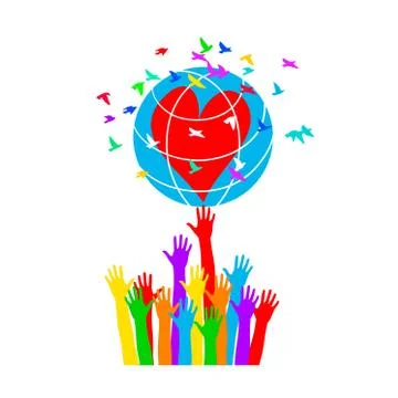 Hands support the globe with hearts surrounded by colorful birds. Symbol of p Stock Illustration