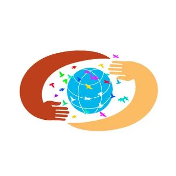 Hands support the globe surrounded by colorful birds. Symbol of peace. Stock Illustration