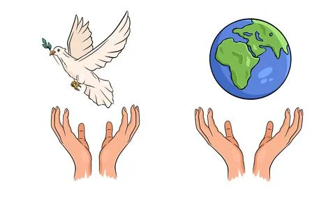 Hands support the planet earth and a flying dove. World peace concept. Stock Illustration