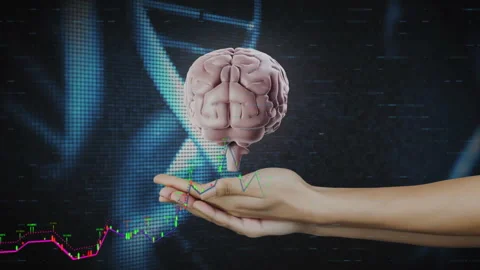 Hands supporting floating brain model in digital scene, candlestick and line Stock Footage 309342733