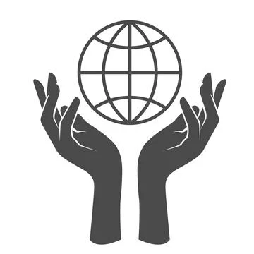 Hands supporting globe, planet care and unity symbol, earth day emblem, vecto Stock Illustration