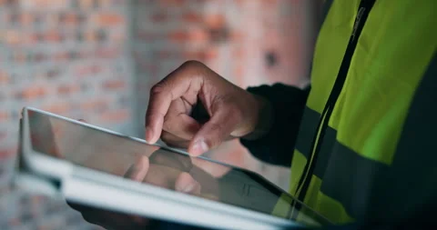 Hands, tablet and man on construction site for inspection, scroll or safety Vídeos de archivo 337151082
