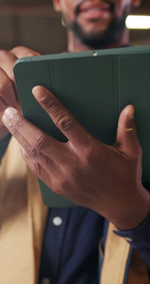Hands, tablet and man in office with app, website development or research Stock Footage 340758246