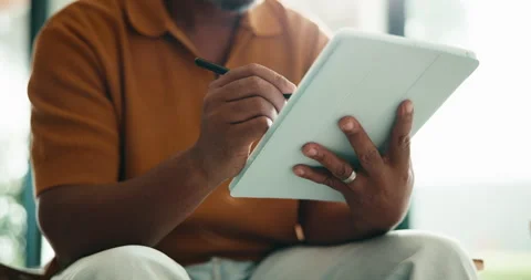 Hands, tablet and man with pen for remote work, graphic design and online sketch Stock Footage 337756497