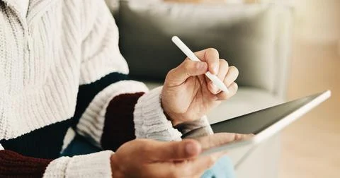 Hands, tablet and man with pen for remote work, web design and research for Stock Photos