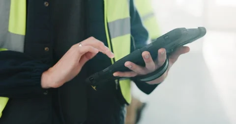Hands, tablet and man typing for engineering project, internet connection or Stock Footage 341468757