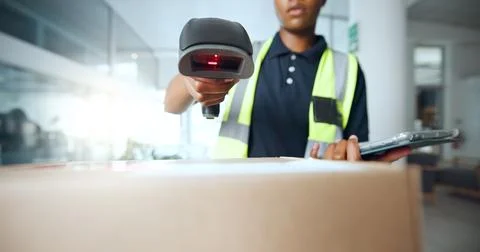 Hands, tablet and scanner with box for delivery for courier service, system Stock Photos