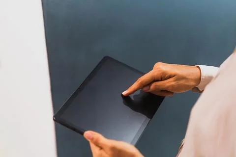 Hands, tablet and scroll with business woman in office for planning Foto stock