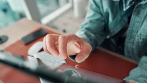 Hands, tablet and scroll at office, startup and review web design with project Stock Footage 307631842
