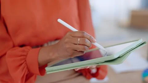 Hands, tablet and sketching for design, woman and pen in closuep at office Stock Photos