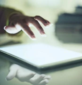 Hands, tablet and touch digital screen for connection or programming, software Stock Photos