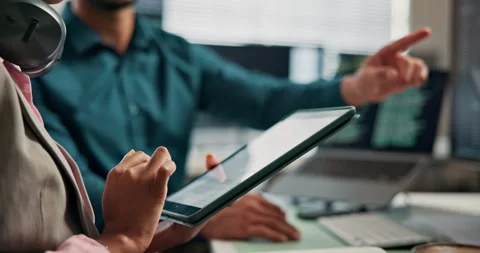 Hands, tablet and training for coding in office, programming internship and Stock Footage 346946865