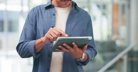 Hands, tablet and typing notes at startup with review, schedule or project .. Stock Photos