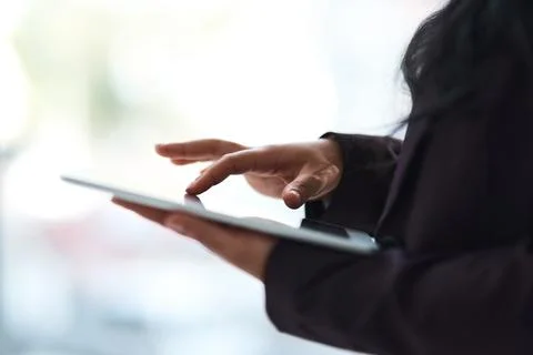 Hands, tablet and typing at office with report for feedback, notes or check.. Stock Photos