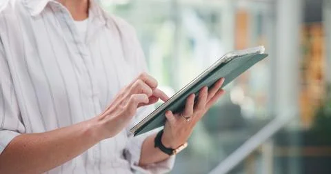Hands, tablet and typing report at startup with review, schedule or project.. Stock Photos
