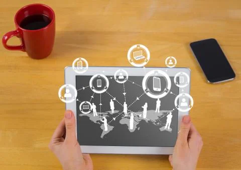 Hands with tablet and white network graphic Stock Photos